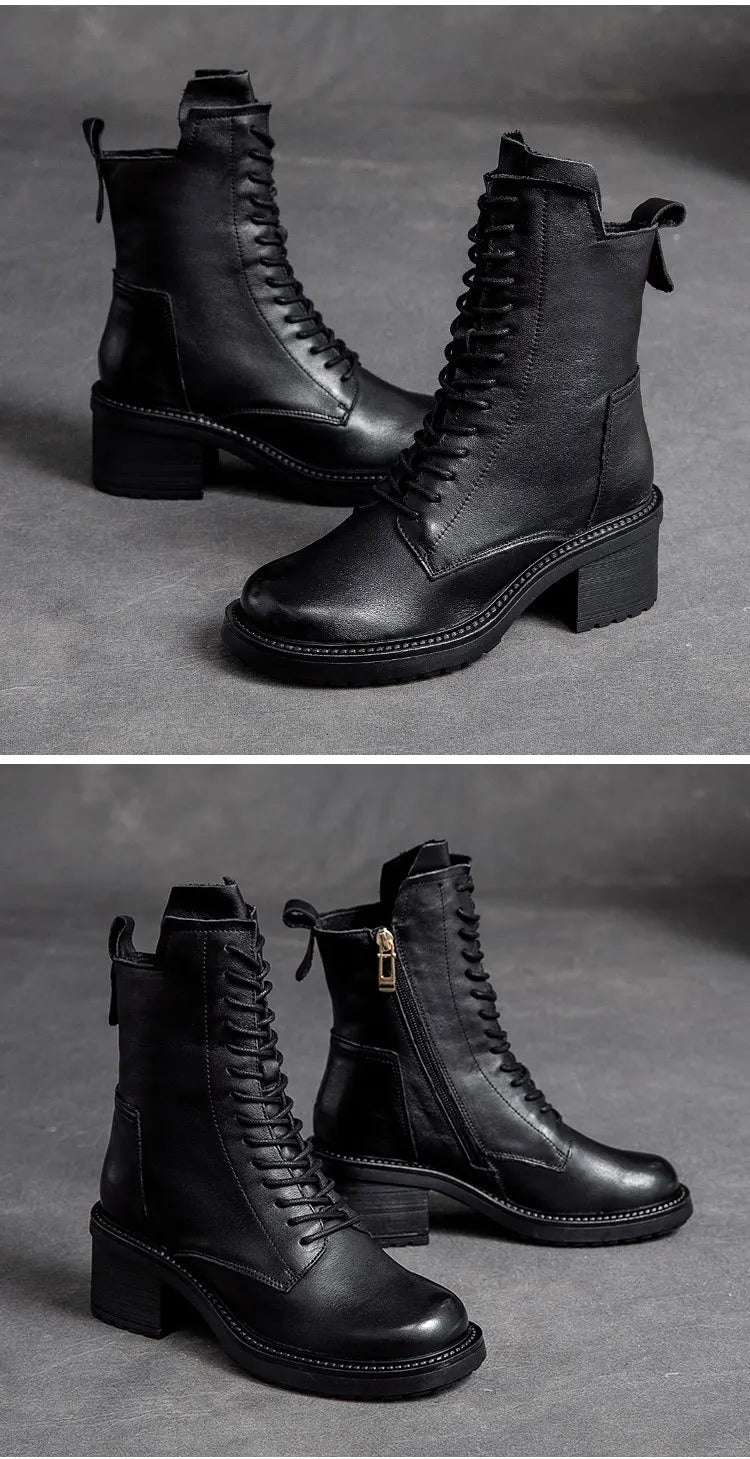 GKTINOO 2026 Cow Leather Quality Women Shoes Autumn Winter Square Med Heel Ankle Boots Lace Up Zipper Ladies Pumps Size 35-40