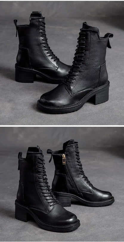 GKTINOO 2026 Cow Leather Quality Women Shoes Autumn Winter Square Med Heel Ankle Boots Lace Up Zipper Ladies Pumps Size 35-40