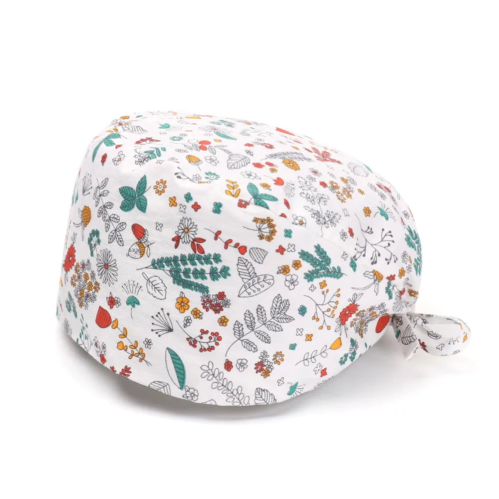 1PC Cotton Scrub Cap Adjustable Elastic Printing Hat Bouffant Head Cover Kitchen Hat With Sweatband Hair Accessories for Unisex