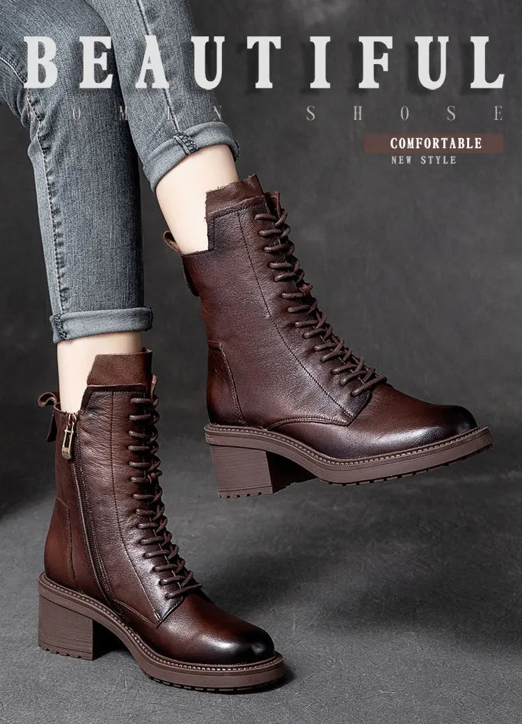 GKTINOO 2026 Cow Leather Quality Women Shoes Autumn Winter Square Med Heel Ankle Boots Lace Up Zipper Ladies Pumps Size 35-40