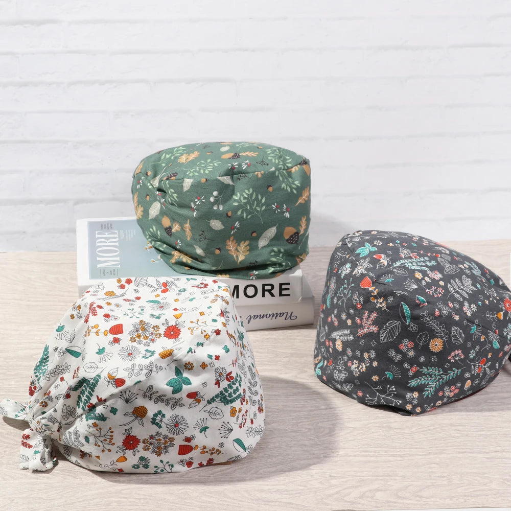 1PC Cotton Scrub Cap Adjustable Elastic Printing Hat Bouffant Head Cover Kitchen Hat With Sweatband Hair Accessories for Unisex