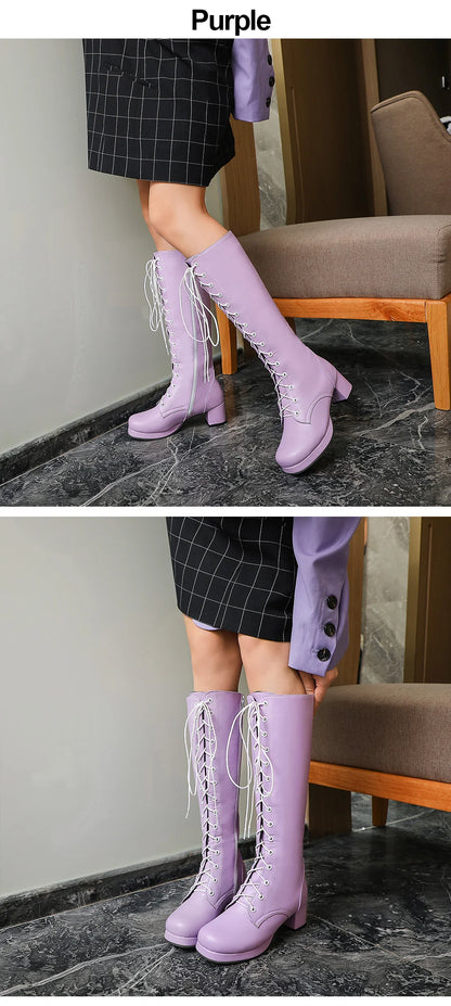 Gdgydh 2022 Autumn Lace-Up Women Motorcycle Boots Square To Low Heels Knee High Boots Winter Female Footwear Plus Large Size