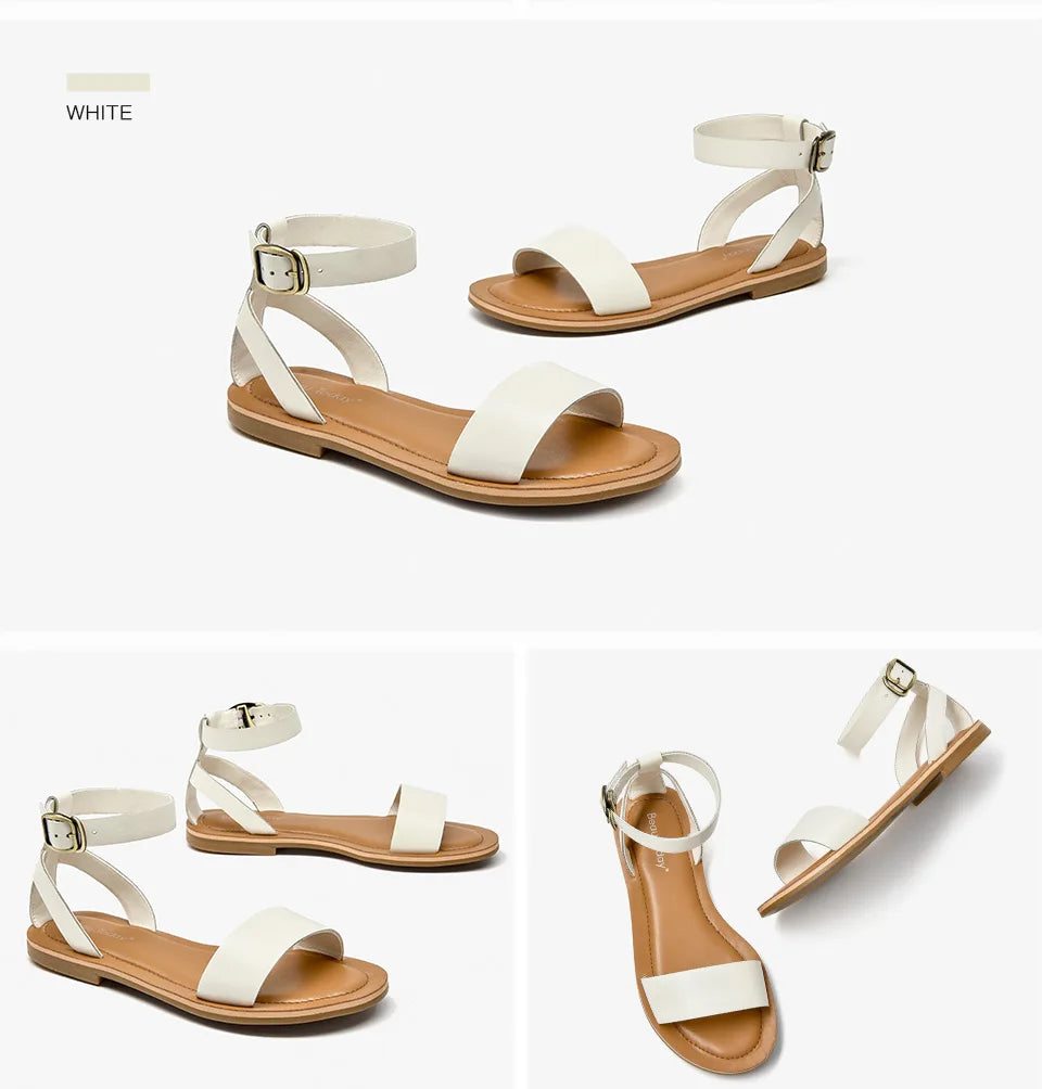 BeauToday Sandals Women Genuine Cow Leather Wraparound Ankle Strap Metal Buckle Female Outdoor Summer Flat Shoes Handmade 32344