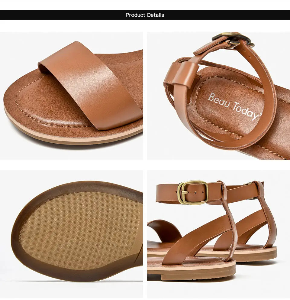 BeauToday Sandals Women Genuine Cow Leather Wraparound Ankle Strap Metal Buckle Female Outdoor Summer Flat Shoes Handmade 32344