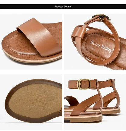 BeauToday Sandals Women Genuine Cow Leather Wraparound Ankle Strap Metal Buckle Female Outdoor Summer Flat Shoes Handmade 32344