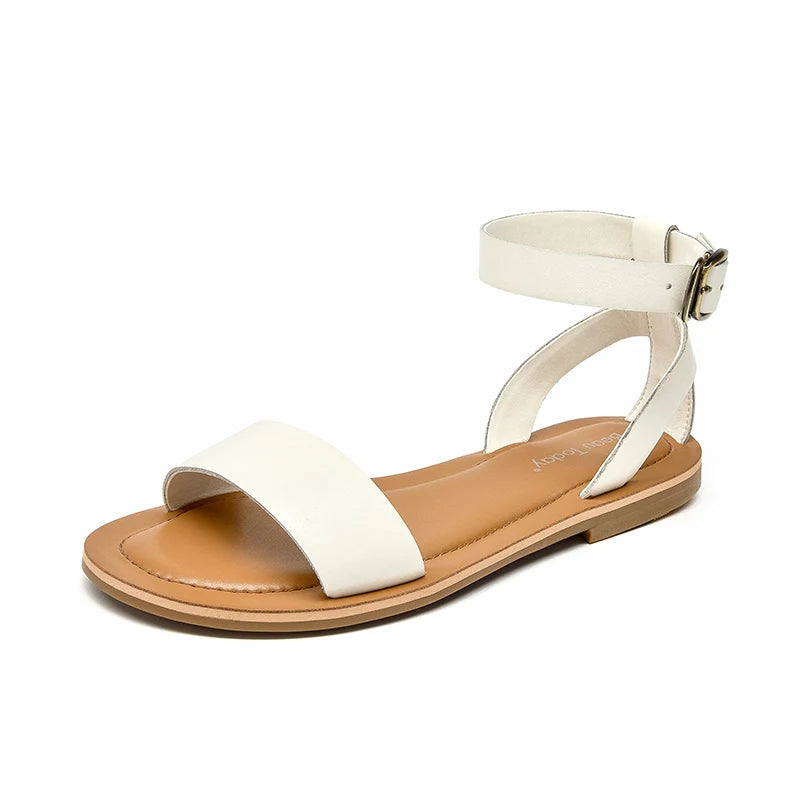 BeauToday Sandals Women Genuine Cow Leather Wraparound Ankle Strap Metal Buckle Female Outdoor Summer Flat Shoes Handmade 32344