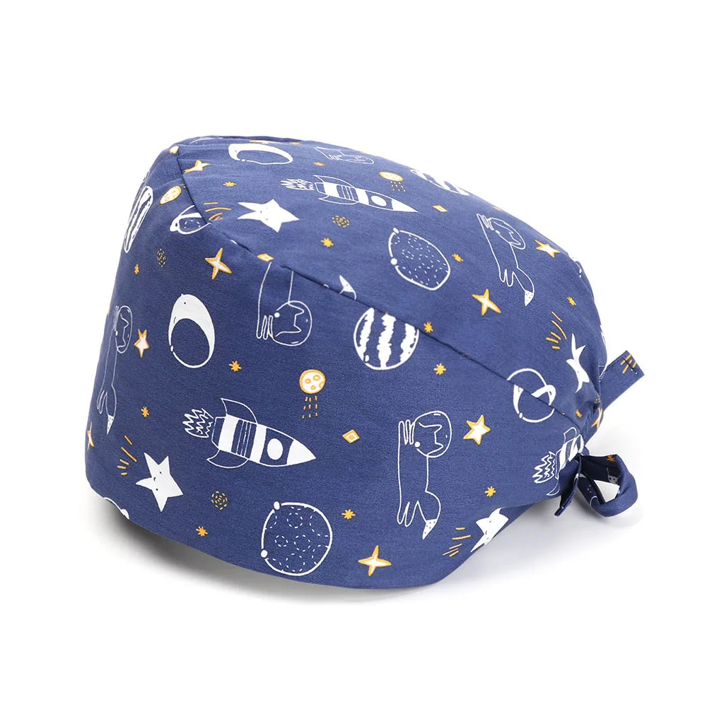 1PC Cotton Scrub Cap Adjustable Elastic Printing Hat Bouffant Head Cover Kitchen Hat With Sweatband Hair Accessories for Unisex