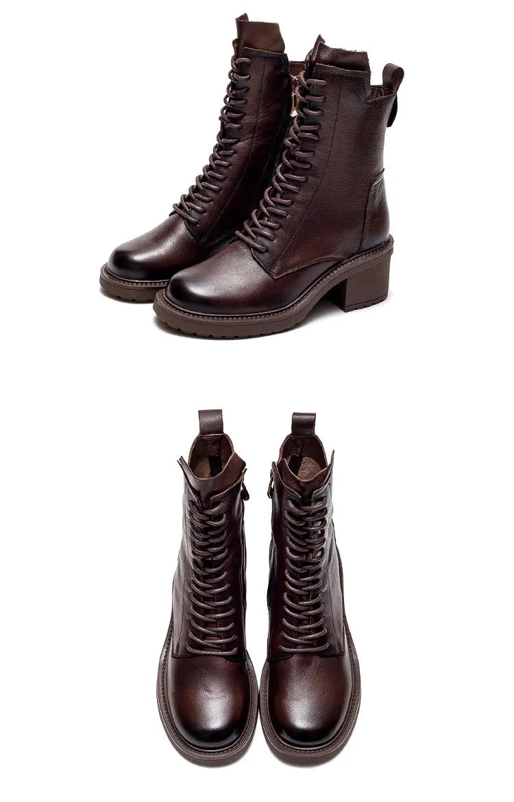 GKTINOO 2026 Cow Leather Quality Women Shoes Autumn Winter Square Med Heel Ankle Boots Lace Up Zipper Ladies Pumps Size 35-40