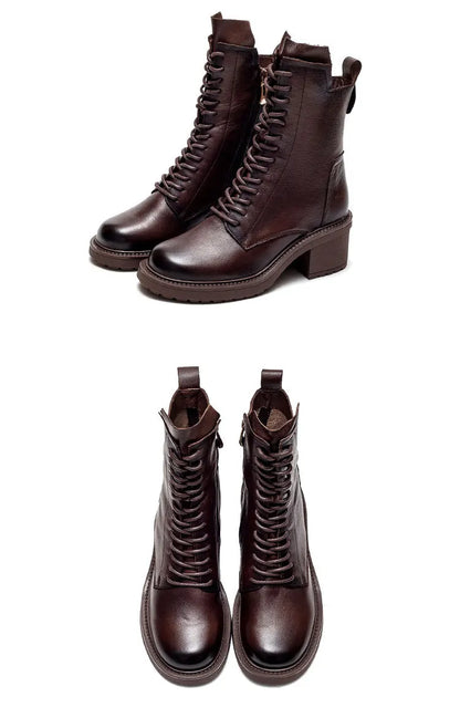 GKTINOO 2026 Cow Leather Quality Women Shoes Autumn Winter Square Med Heel Ankle Boots Lace Up Zipper Ladies Pumps Size 35-40