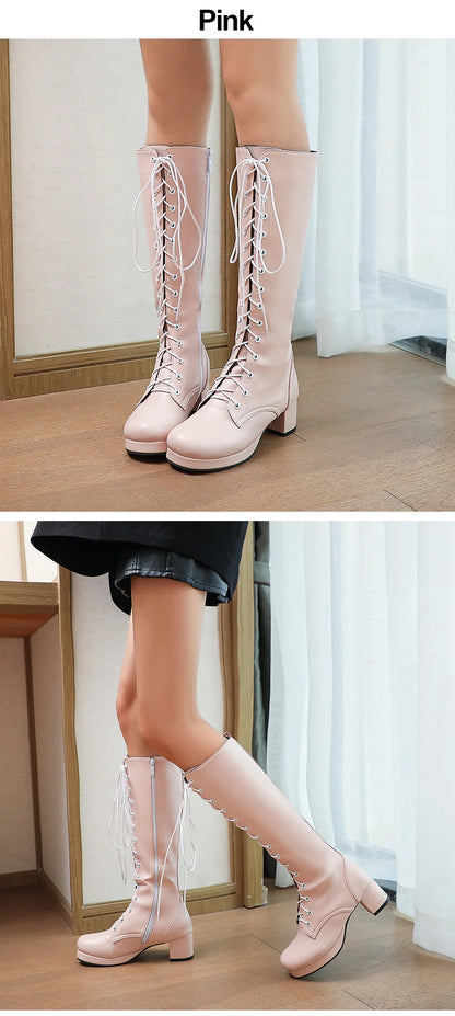 Gdgydh 2022 Autumn Lace-Up Women Motorcycle Boots Square To Low Heels Knee High Boots Winter Female Footwear Plus Large Size