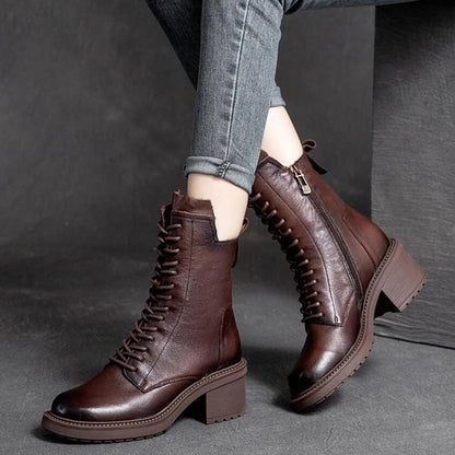 GKTINOO 2026 Cow Leather Quality Women Shoes Autumn Winter Square Med Heel Ankle Boots Lace Up Zipper Ladies Pumps Size 35-40