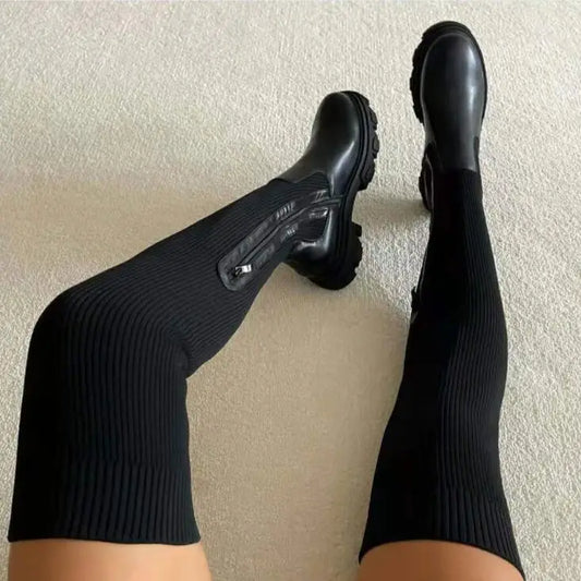 Women's Over The Knee Boots Stretch Knitted 2025 Autumn Fashion Female Platform Boot Splicing Ladies Sock Shoes Woman Long Boots