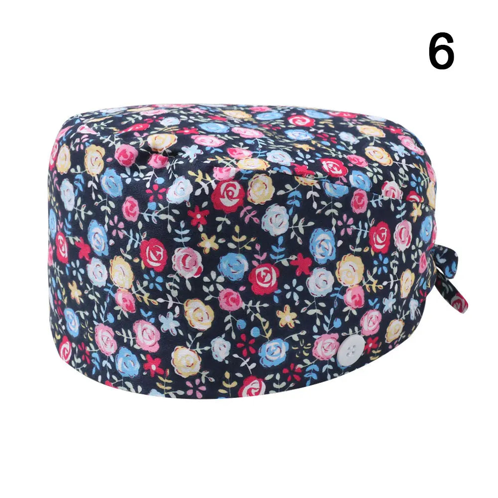 1PC Cotton Scrub Cap Adjustable Elastic Printing Hat Bouffant Head Cover Kitchen Hat With Sweatband Hair Accessories for Unisex