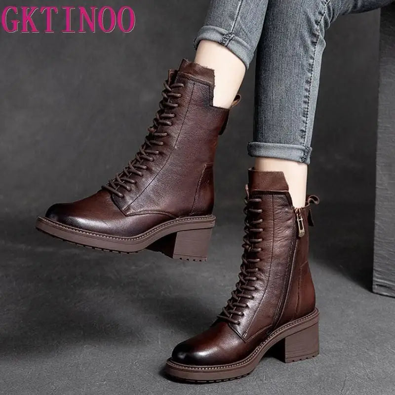 GKTINOO 2026 Cow Leather Quality Women Shoes Autumn Winter Square Med Heel Ankle Boots Lace Up Zipper Ladies Pumps Size 35-40