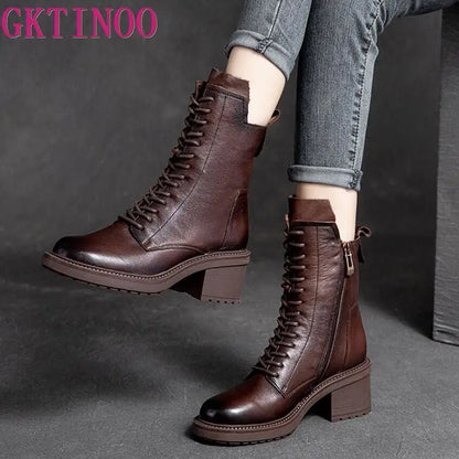 GKTINOO 2026 Cow Leather Quality Women Shoes Autumn Winter Square Med Heel Ankle Boots Lace Up Zipper Ladies Pumps Size 35-40