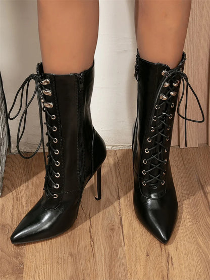 Autumn Winter Women Ankle Boots Sexy Pointed Toe Pole Dance High Heels Pumps Fashion Zip Lace-Up Chelsea Shoes Female Size 35-43