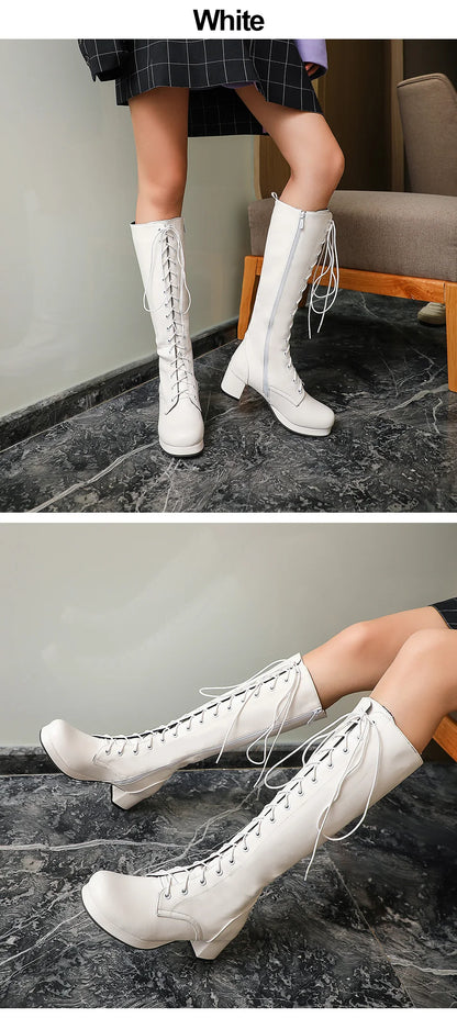 Gdgydh 2022 Autumn Lace-Up Women Motorcycle Boots Square To Low Heels Knee High Boots Winter Female Footwear Plus Large Size
