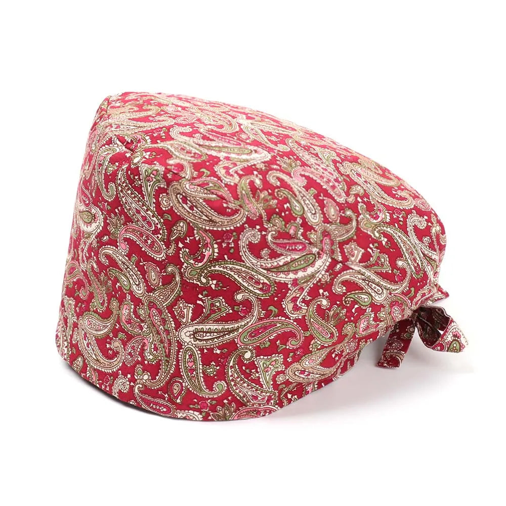 1PC Cotton Scrub Cap Adjustable Elastic Printing Hat Bouffant Head Cover Kitchen Hat With Sweatband Hair Accessories for Unisex