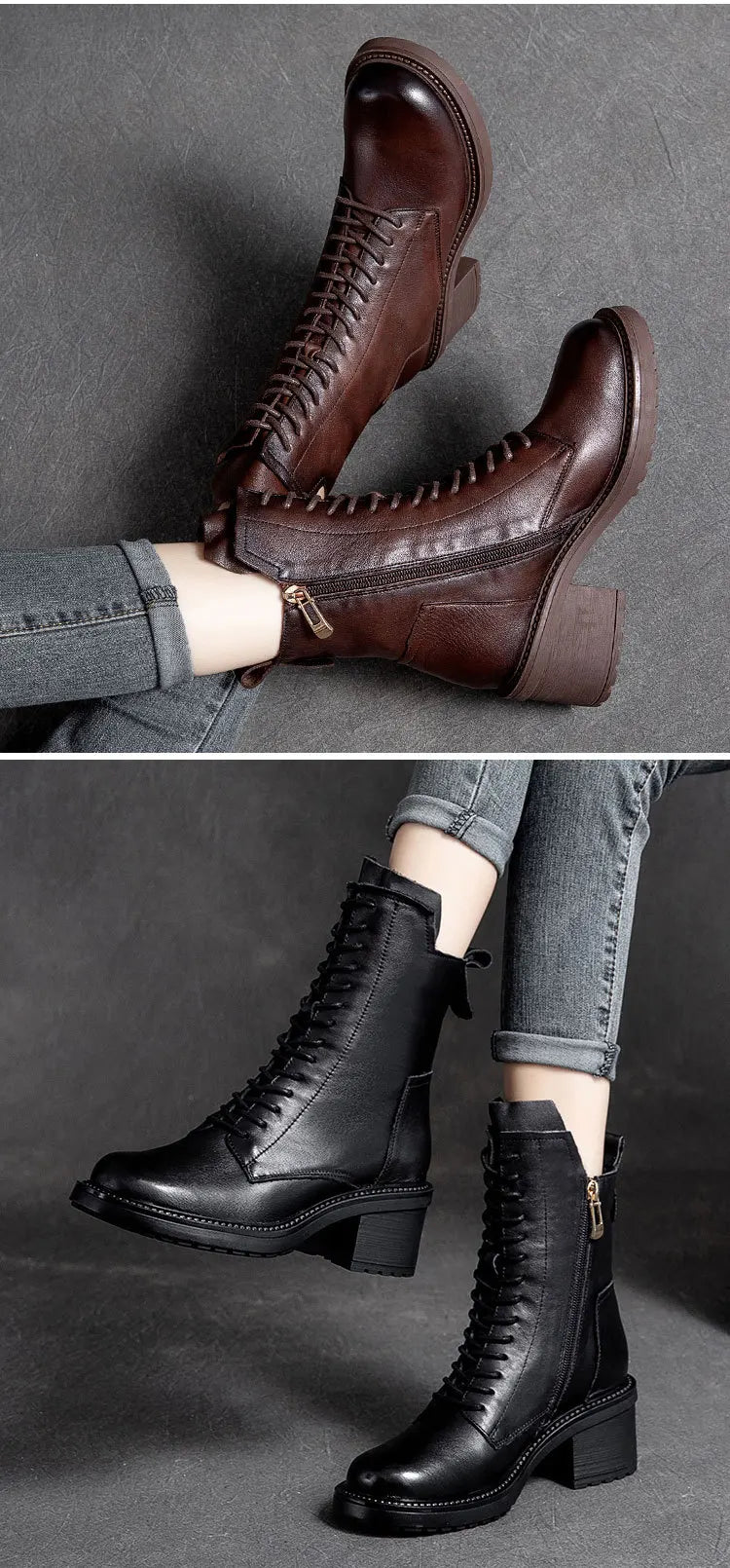 GKTINOO 2026 Cow Leather Quality Women Shoes Autumn Winter Square Med Heel Ankle Boots Lace Up Zipper Ladies Pumps Size 35-40
