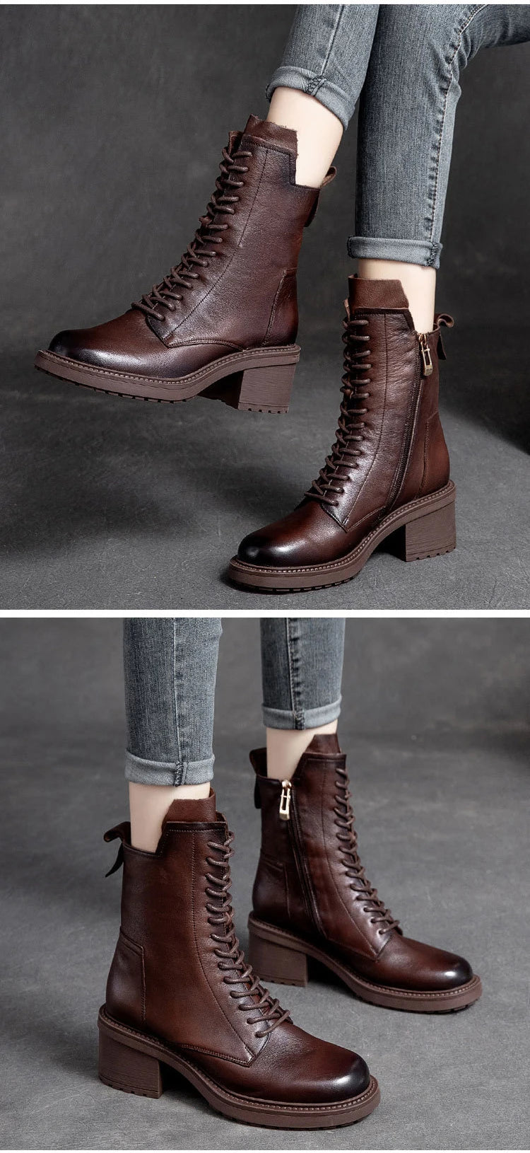 GKTINOO 2026 Cow Leather Quality Women Shoes Autumn Winter Square Med Heel Ankle Boots Lace Up Zipper Ladies Pumps Size 35-40