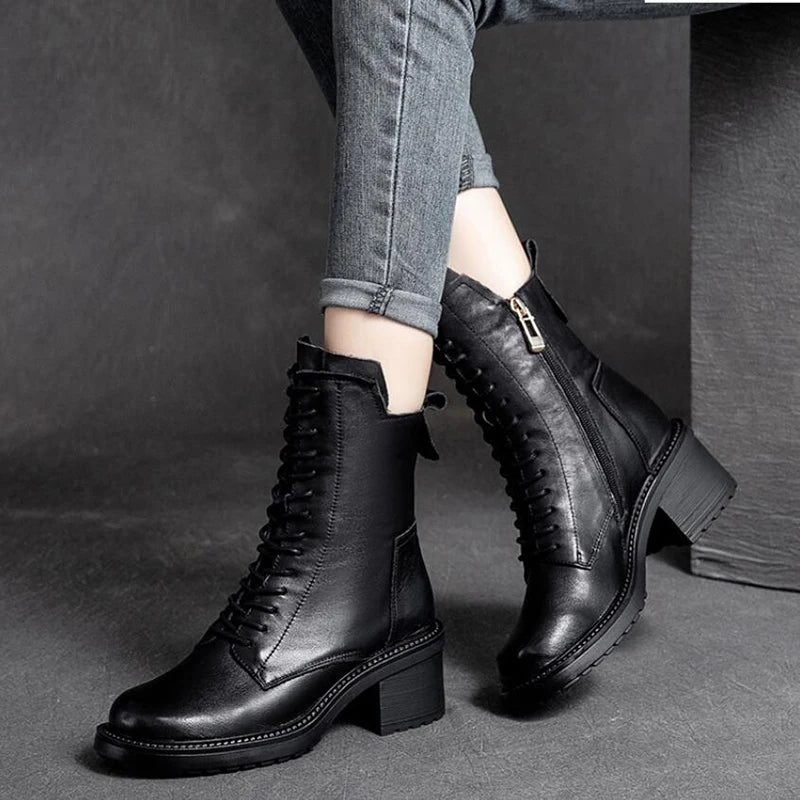 GKTINOO 2026 Cow Leather Quality Women Shoes Autumn Winter Square Med Heel Ankle Boots Lace Up Zipper Ladies Pumps Size 35-40