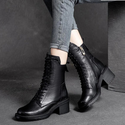 GKTINOO 2026 Cow Leather Quality Women Shoes Autumn Winter Square Med Heel Ankle Boots Lace Up Zipper Ladies Pumps Size 35-40