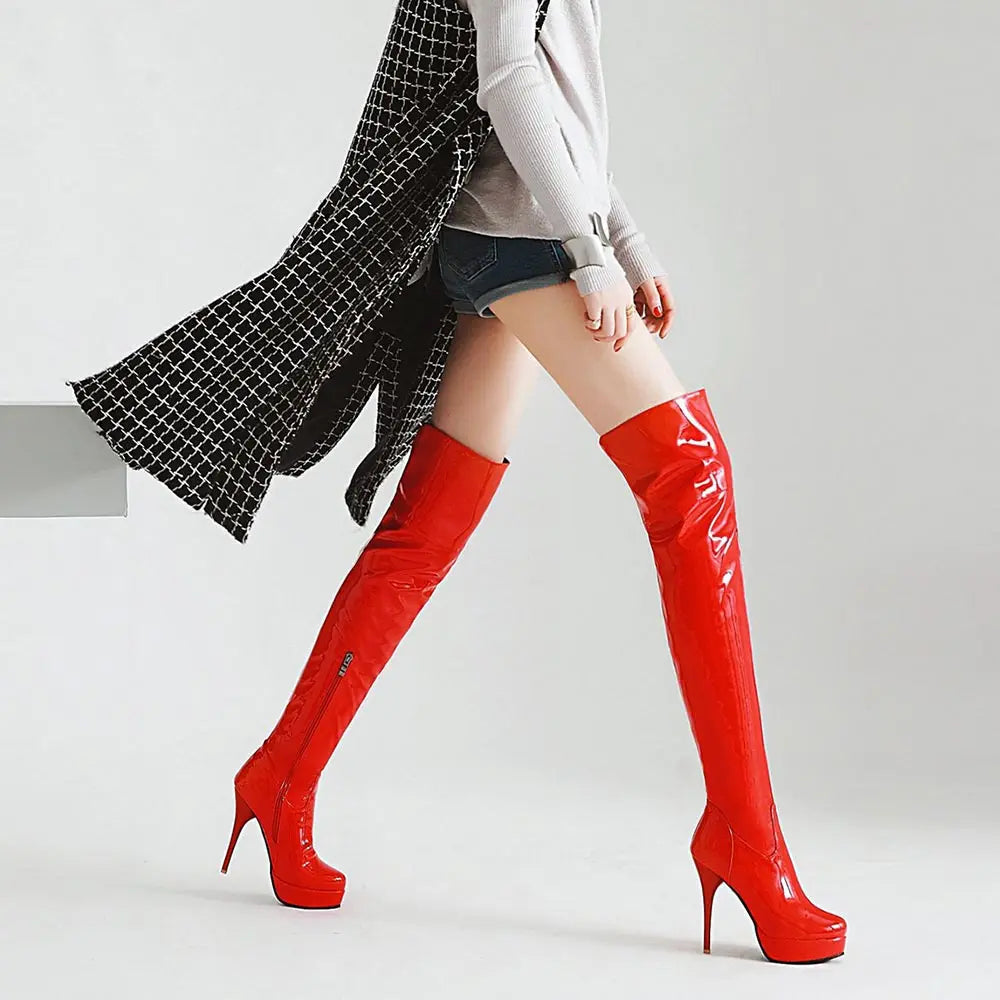 Fashion Thigh High Boots Women Autumn Winter Sexy Platform High Heels Over Knee Boots Fetish Red White Shoes Woman Plus Size 48