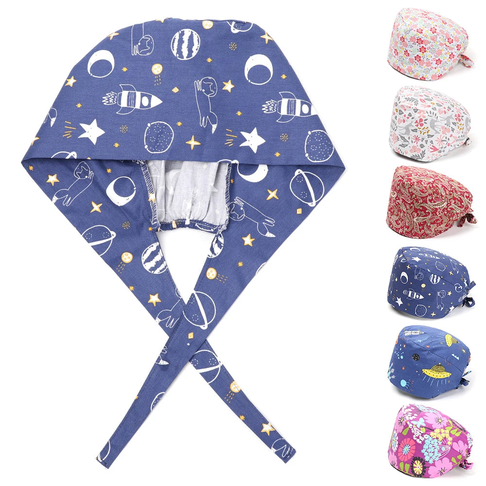 1PC Cotton Scrub Cap Adjustable Elastic Printing Hat Bouffant Head Cover Kitchen Hat With Sweatband Hair Accessories for Unisex