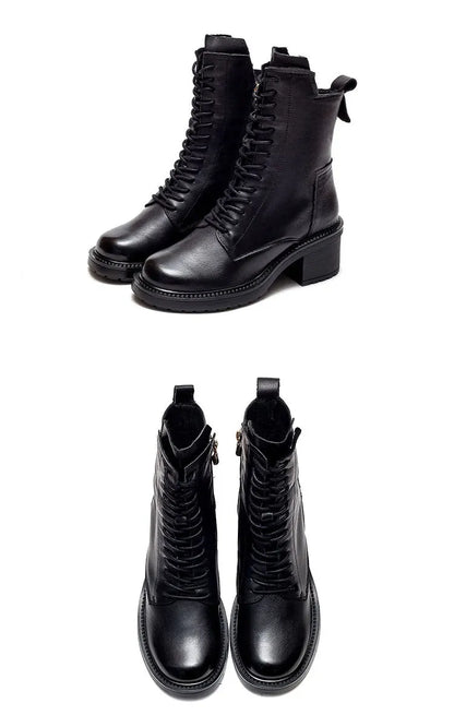 GKTINOO 2026 Cow Leather Quality Women Shoes Autumn Winter Square Med Heel Ankle Boots Lace Up Zipper Ladies Pumps Size 35-40
