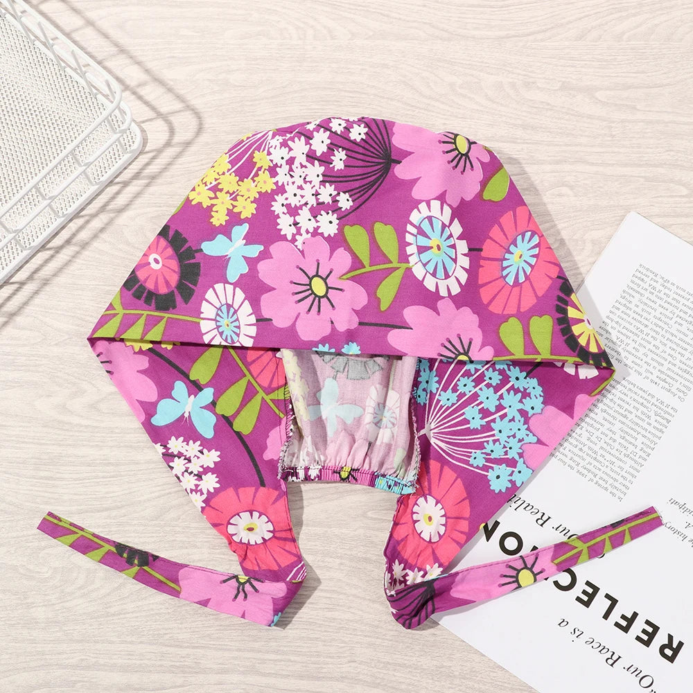 1PC Cotton Scrub Cap Adjustable Elastic Printing Hat Bouffant Head Cover Kitchen Hat With Sweatband Hair Accessories for Unisex