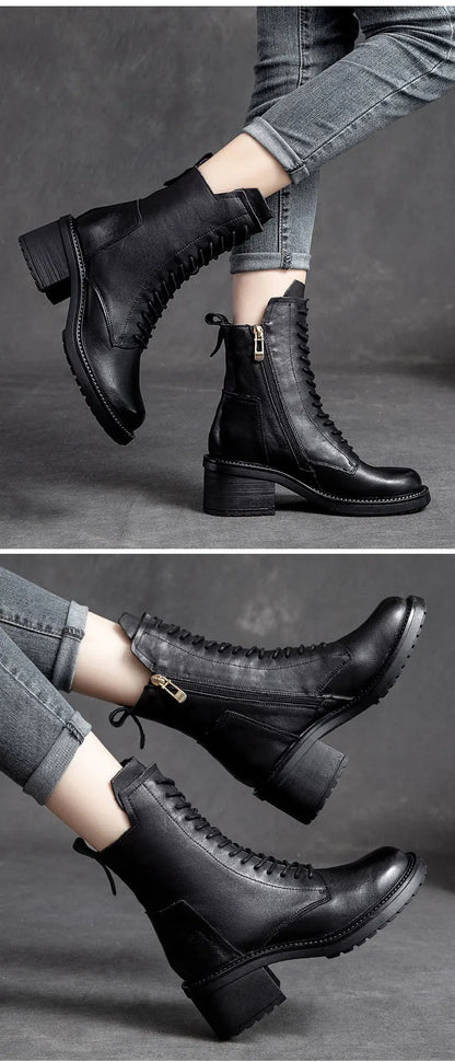 GKTINOO 2026 Cow Leather Quality Women Shoes Autumn Winter Square Med Heel Ankle Boots Lace Up Zipper Ladies Pumps Size 35-40