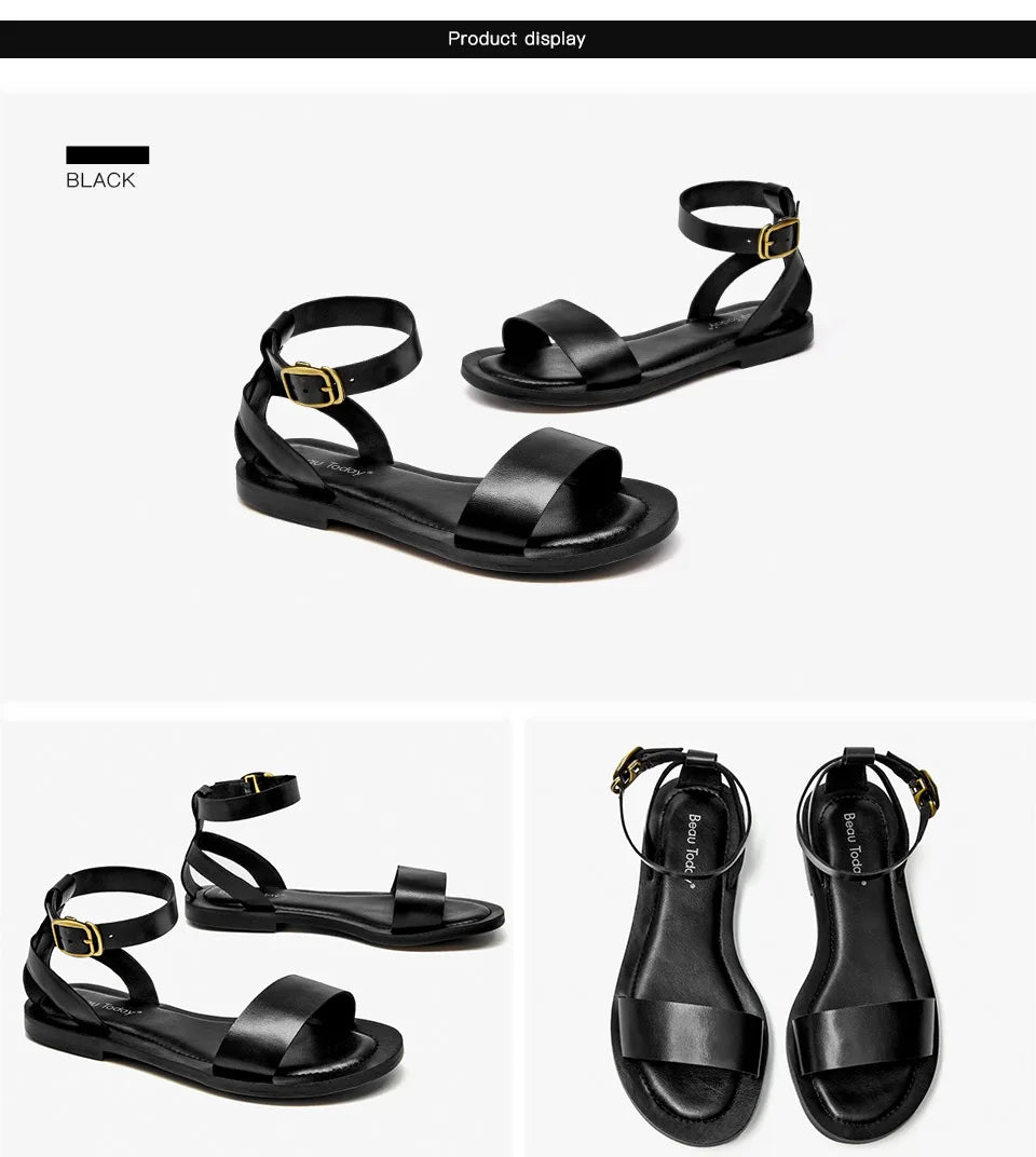 BeauToday Sandals Women Genuine Cow Leather Wraparound Ankle Strap Metal Buckle Female Outdoor Summer Flat Shoes Handmade 32344