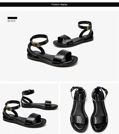 BeauToday Sandals Women Genuine Cow Leather Wraparound Ankle Strap Metal Buckle Female Outdoor Summer Flat Shoes Handmade 32344