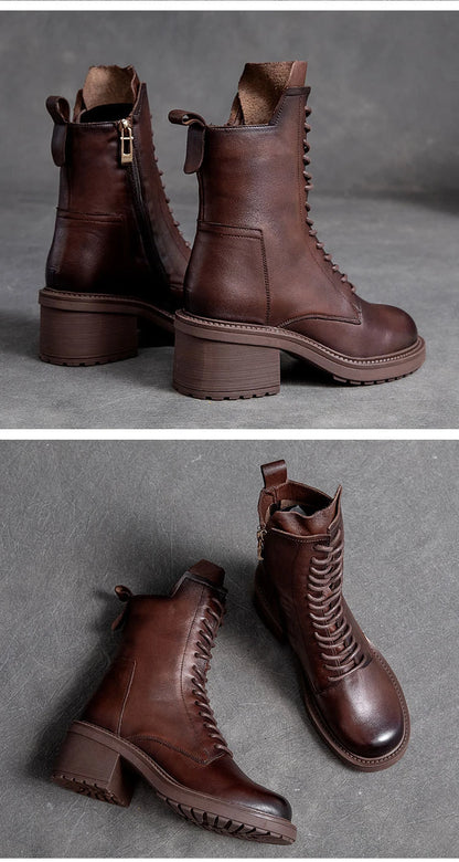 GKTINOO 2026 Cow Leather Quality Women Shoes Autumn Winter Square Med Heel Ankle Boots Lace Up Zipper Ladies Pumps Size 35-40