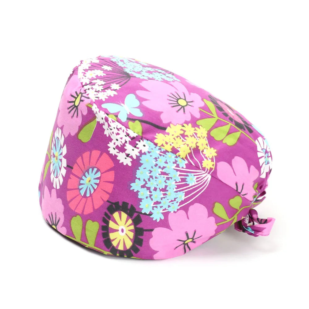 1PC Cotton Scrub Cap Adjustable Elastic Printing Hat Bouffant Head Cover Kitchen Hat With Sweatband Hair Accessories for Unisex