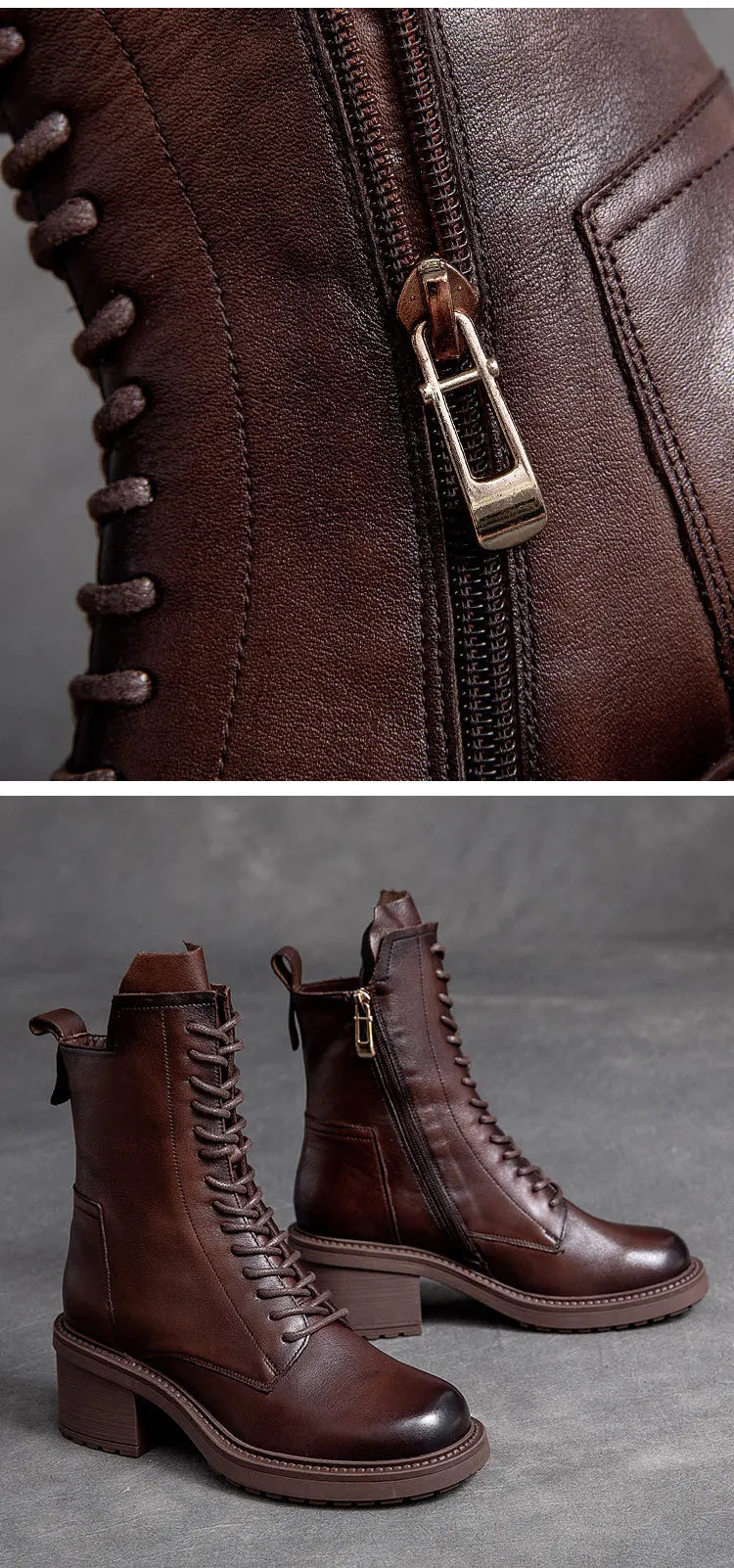 GKTINOO 2026 Cow Leather Quality Women Shoes Autumn Winter Square Med Heel Ankle Boots Lace Up Zipper Ladies Pumps Size 35-40