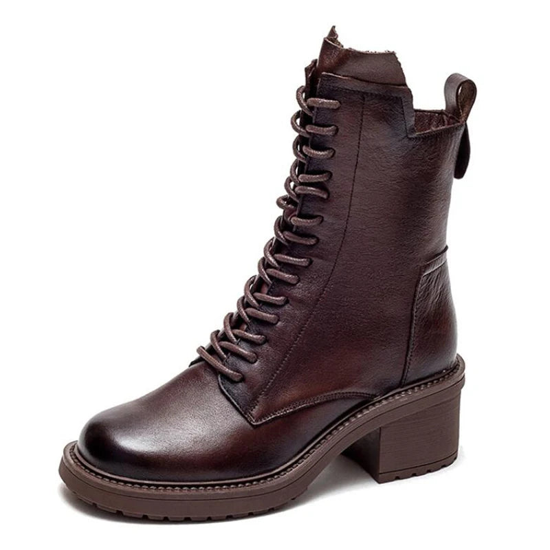 GKTINOO 2026 Cow Leather Quality Women Shoes Autumn Winter Square Med Heel Ankle Boots Lace Up Zipper Ladies Pumps Size 35-40