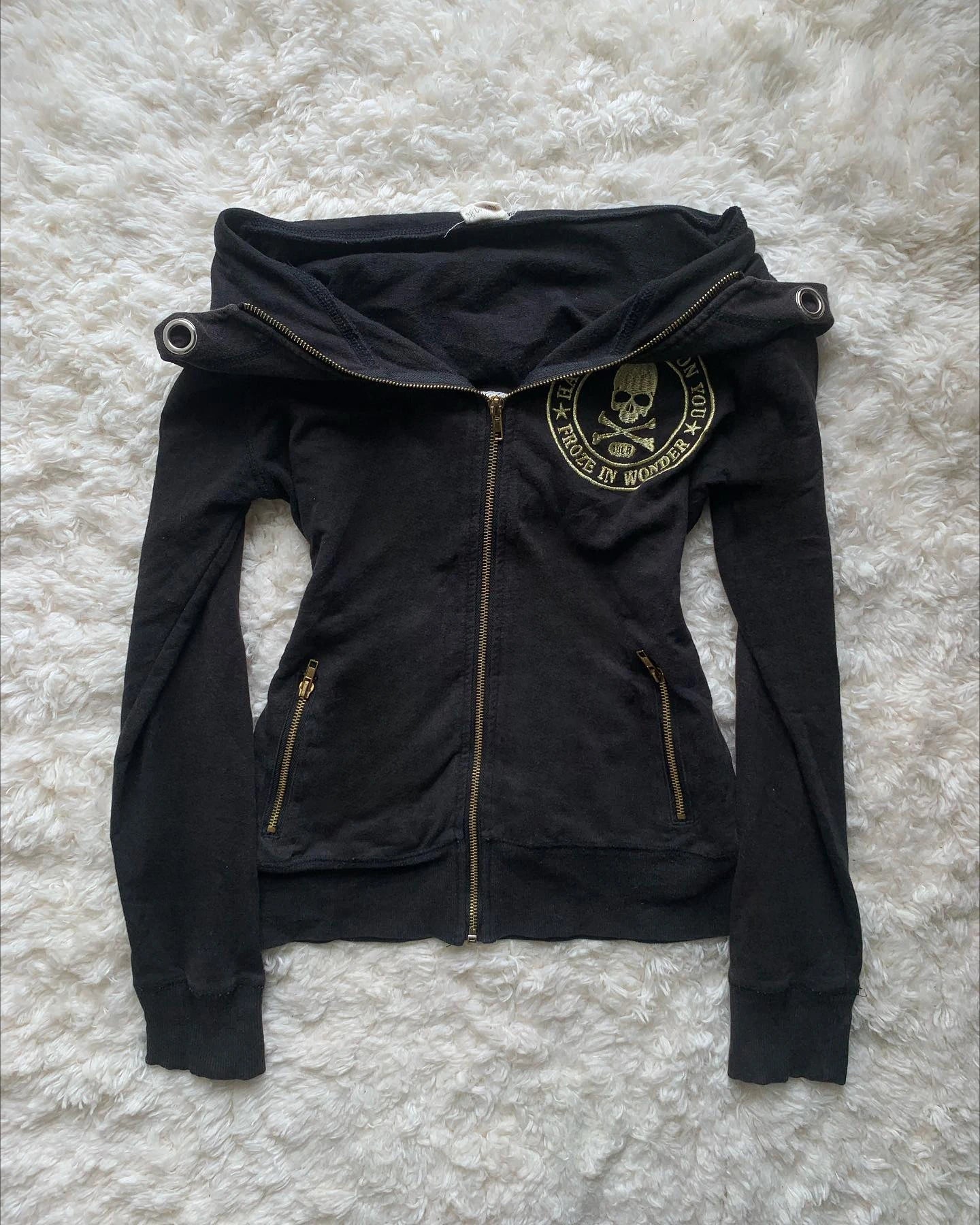 Y2K Retro Zipper Hoodies Women Harajuku Sexy Slim Fit Sweatshirt Autumn Skull Graphic Embroidery Hooded Jacket Gothic Clothing