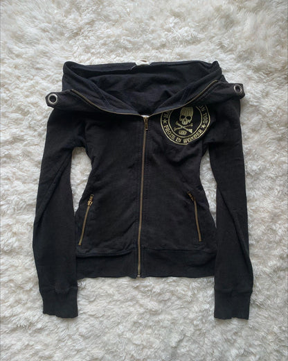 Y2K Retro Zipper Hoodies Women Harajuku Sexy Slim Fit Sweatshirt Autumn Skull Graphic Embroidery Hooded Jacket Gothic Clothing