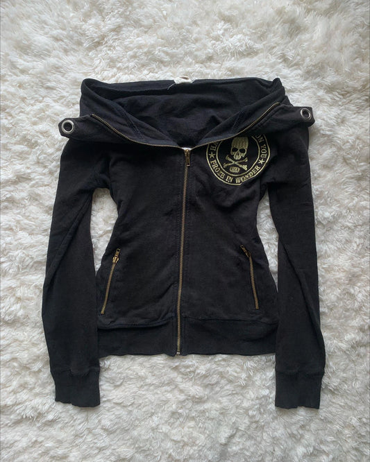 Y2K Retro Zipper Hoodies Women Harajuku Sexy Slim Fit Sweatshirt Autumn Skull Graphic Embroidery Hooded Jacket Gothic Clothing