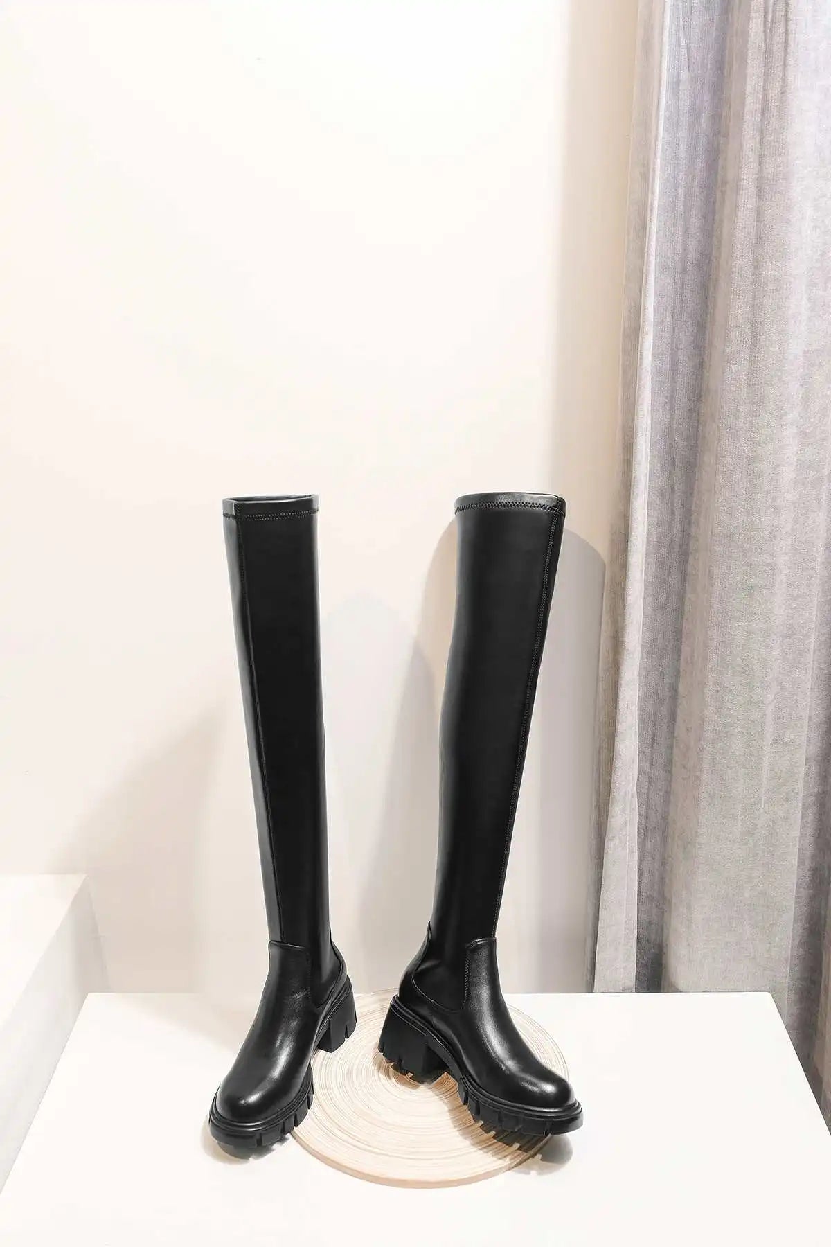Krazing Pot Big Size Cow Leather Stretch Over-the-knee Boots Platform Round Toe High Heels Winter Women Warm Thigh High Boots