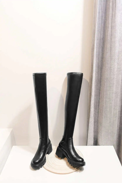 Krazing Pot Big Size Cow Leather Stretch Over-the-knee Boots Platform Round Toe High Heels Winter Women Warm Thigh High Boots