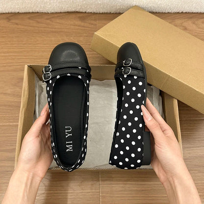 Polka Dot Women Ballet Flats Comfortable Round Toe Slip On Shoes 2026 New Spring Autumn Vintage Ladies Dress Mary Jane Shoes