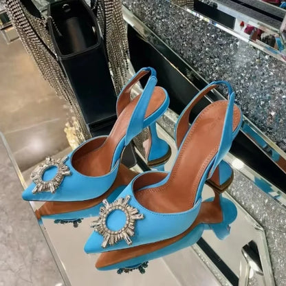 2026 Spring Autumn EU US Satin Slingback Women Sandals Pointed Flared Heels Sun Rhinestone Crystal Wedding Party Dress Heels