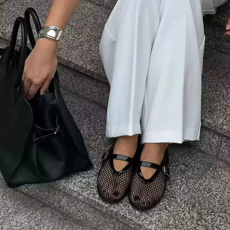Fashion women mesh ballet falts round toe buckle strap pumps
