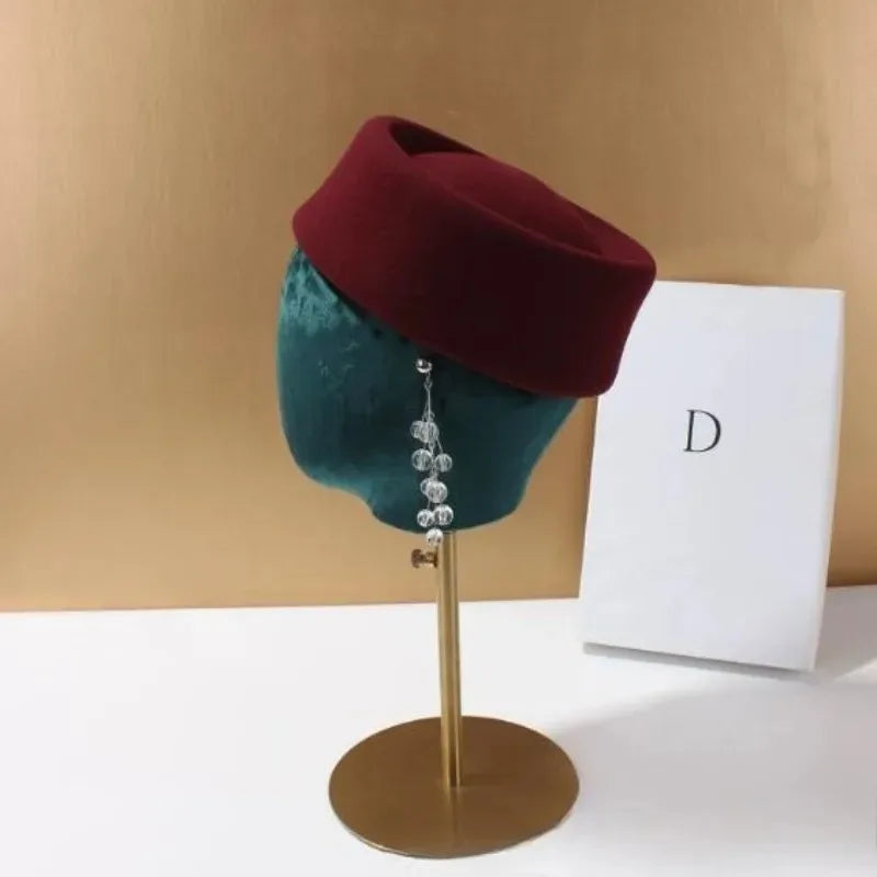 Women Wool Felt Berets Hat Vintage Hard Top Concave Top Fedoras Hats Wedding Fascinator Hats Wedding Cocktail Party Pillbox Cap