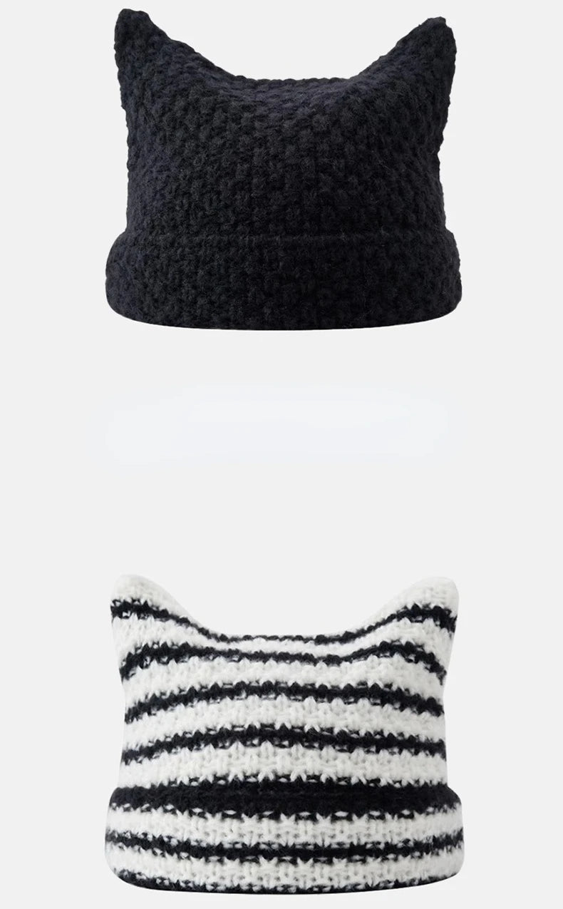 New Japanese Streetwear Harajuku Beanie Little Devil Striped Knitted Hat Women Girls Autumn Winter Cute Cat Ears Cap