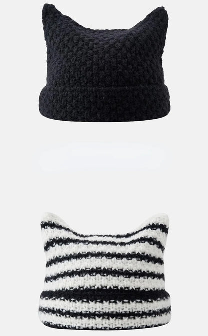 New Japanese Streetwear Harajuku Beanie Little Devil Striped Knitted Hat Women Girls Autumn Winter Cute Cat Ears Cap