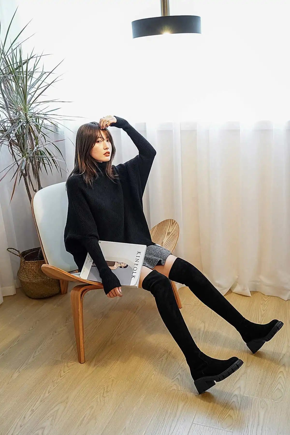 Krazing Pot Big Size Cow Leather Stretch Over-the-knee Boots Platform Round Toe High Heels Winter Women Warm Thigh High Boots