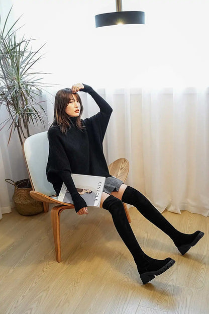 Krazing Pot Big Size Cow Leather Stretch Over-the-knee Boots Platform Round Toe High Heels Winter Women Warm Thigh High Boots